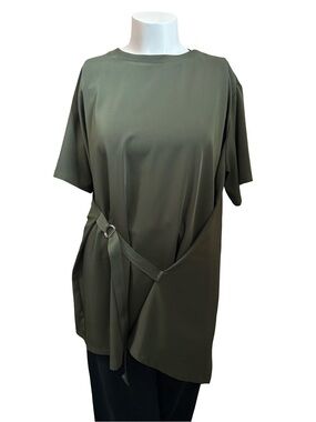 Relaxed Olive Green Short-Sleeve Belted Tunic Top/Dress